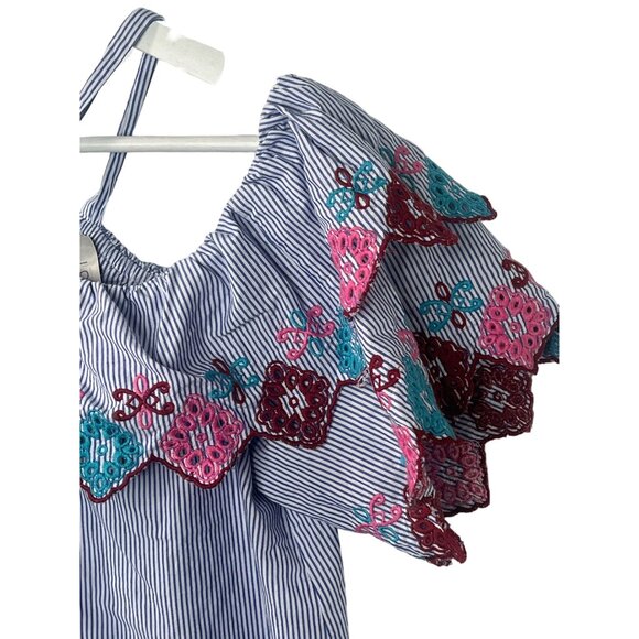 LOFT Embroidered Off Shoulder Blue Stripe Dress XS Boho Summer Casual - Picture 4 of 13